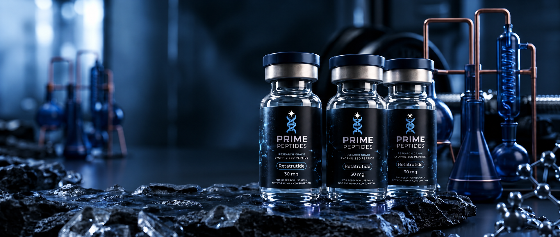 Prime Peptides research-grade peptide vials in a laboratory